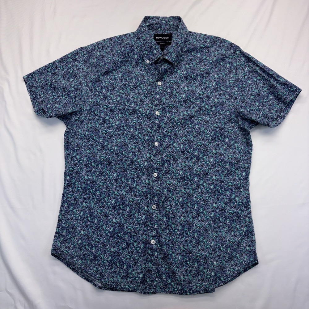Bonobos Shirt Men's Size Large Blue All Over Print Short Sleeve Button Up